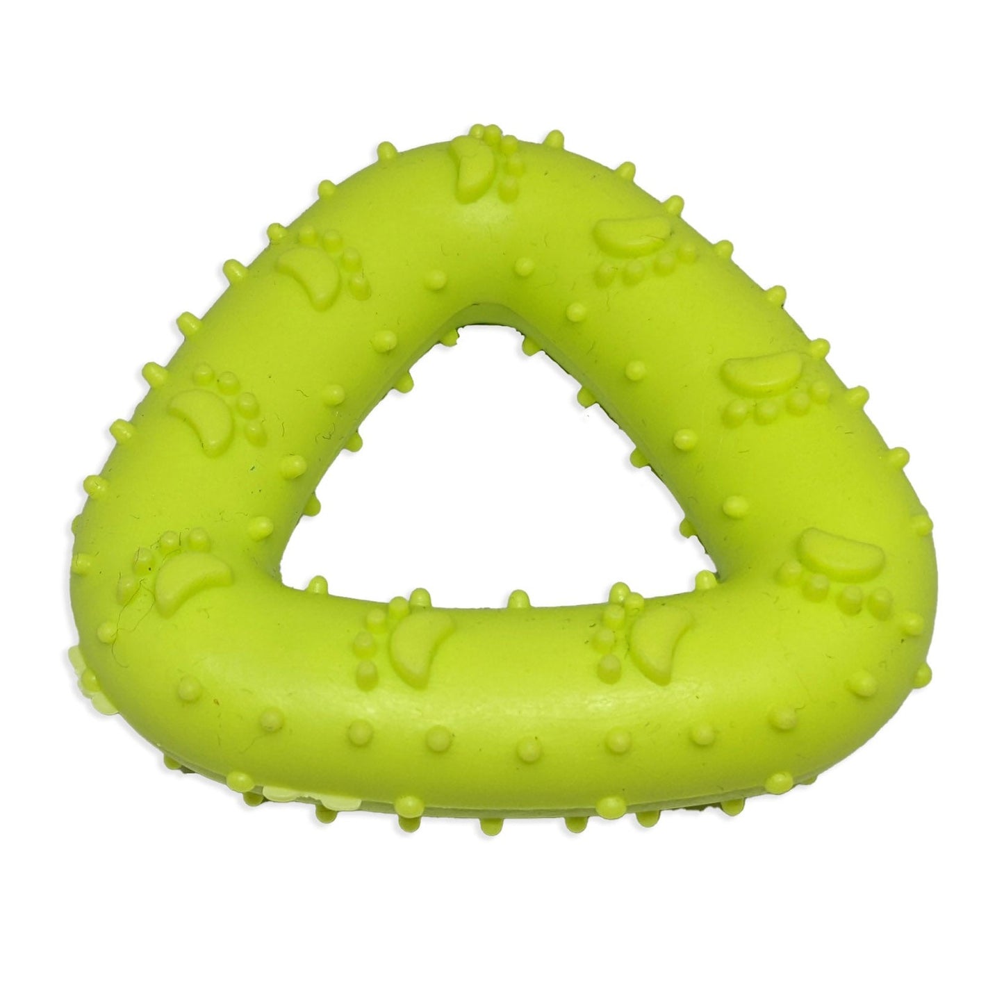 Brinquedo mordedor para cachorro em formato de triangulo verde, com textura massageadora, ideal para morder, brincar e aliviar o estresse.