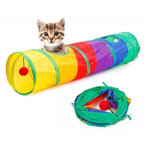 Túnel para gatos 1,1 m colorido e dobrável, com bola pendurada para brincar, ideal para estimular, entreter e enriquecer o ambiente do pet.
