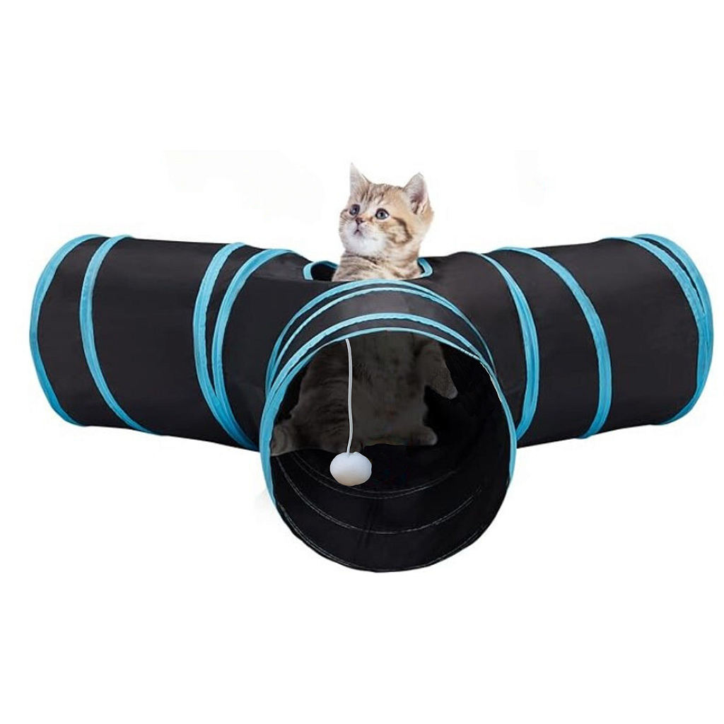 Brinquedo túnel 3 saidas para gatos dobrável com bolinha suspensa preto e azul