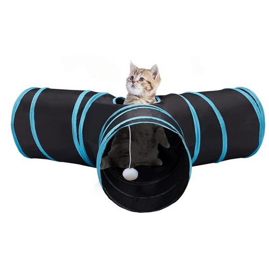 Brinquedo túnel 3 saidas para gatos dobrável com bolinha suspensa preto e azul