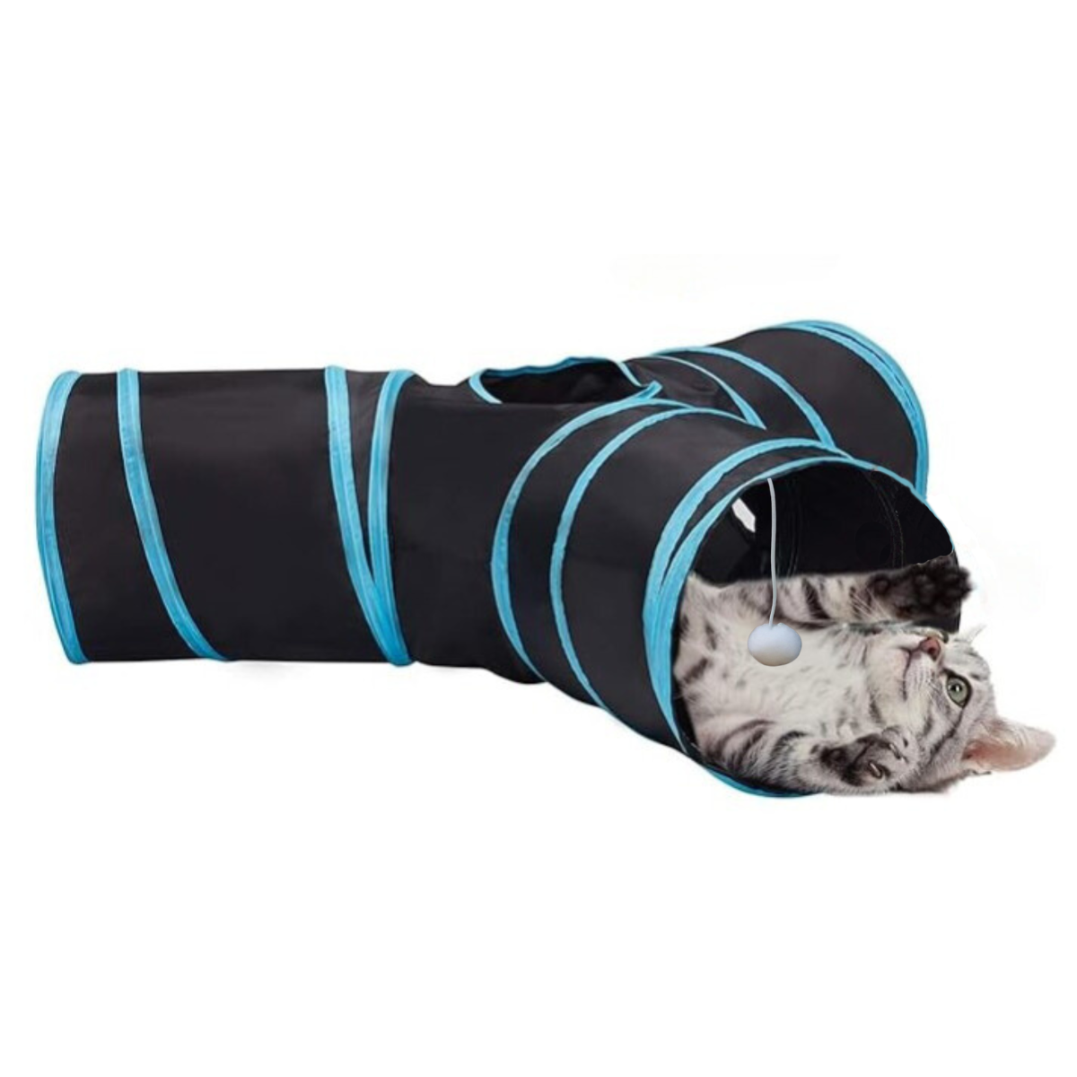 Brinquedo túnel para gatos dobrável com bolinha suspensa preto e azul