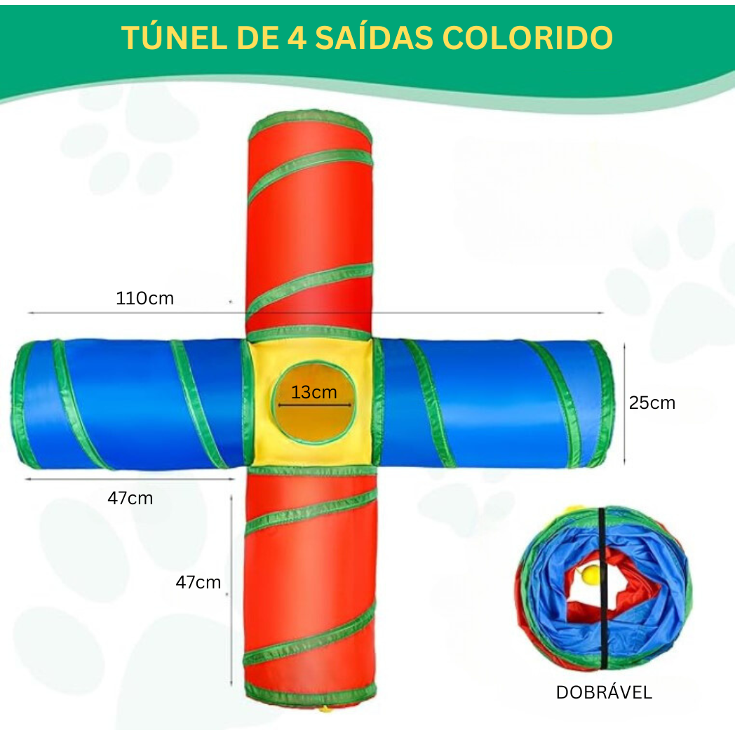Túnel colorido para gatos com formato cruz e bolinhas pendentes para brincadeira.