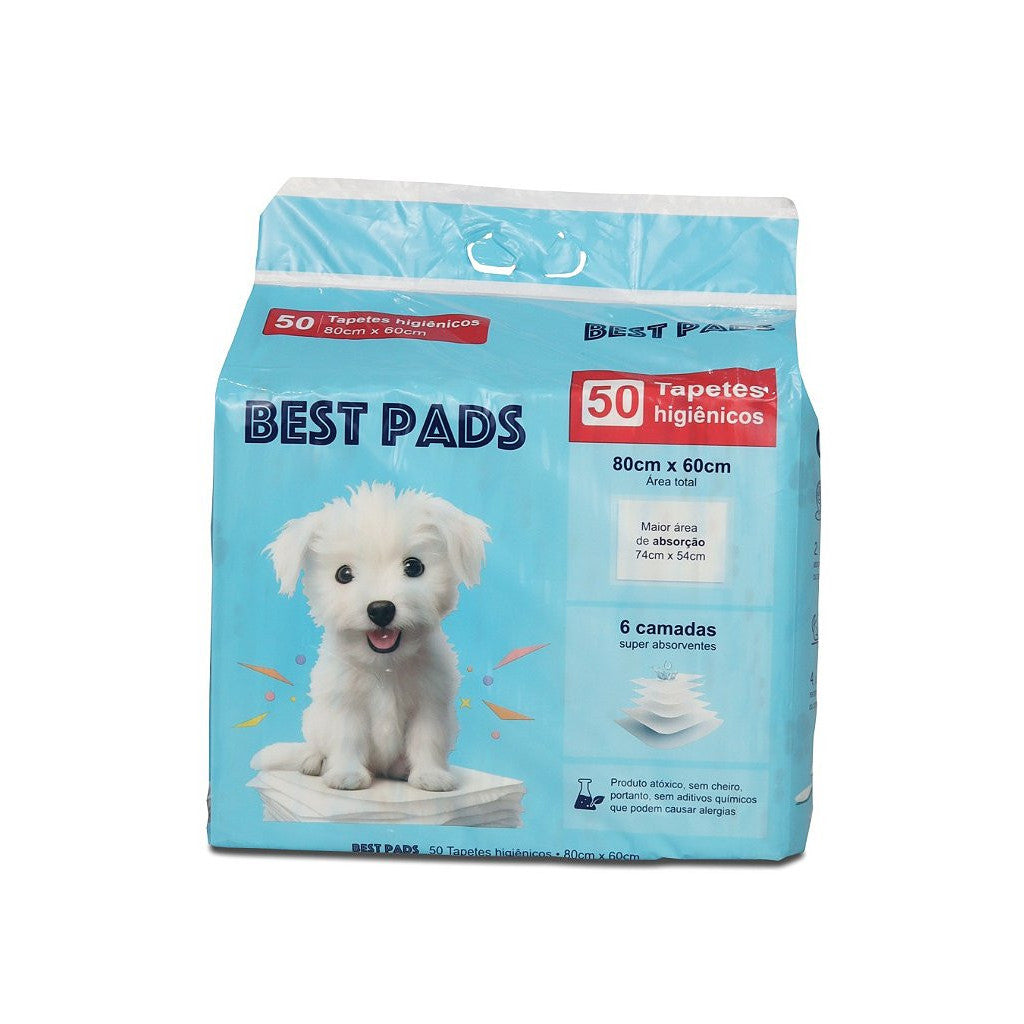 Tapete higiênico Best Pads para cães e gatos, pacote com 50 unidades 80x60 cm, super absorvente, com 6 camadas e proteção para higiene diária.