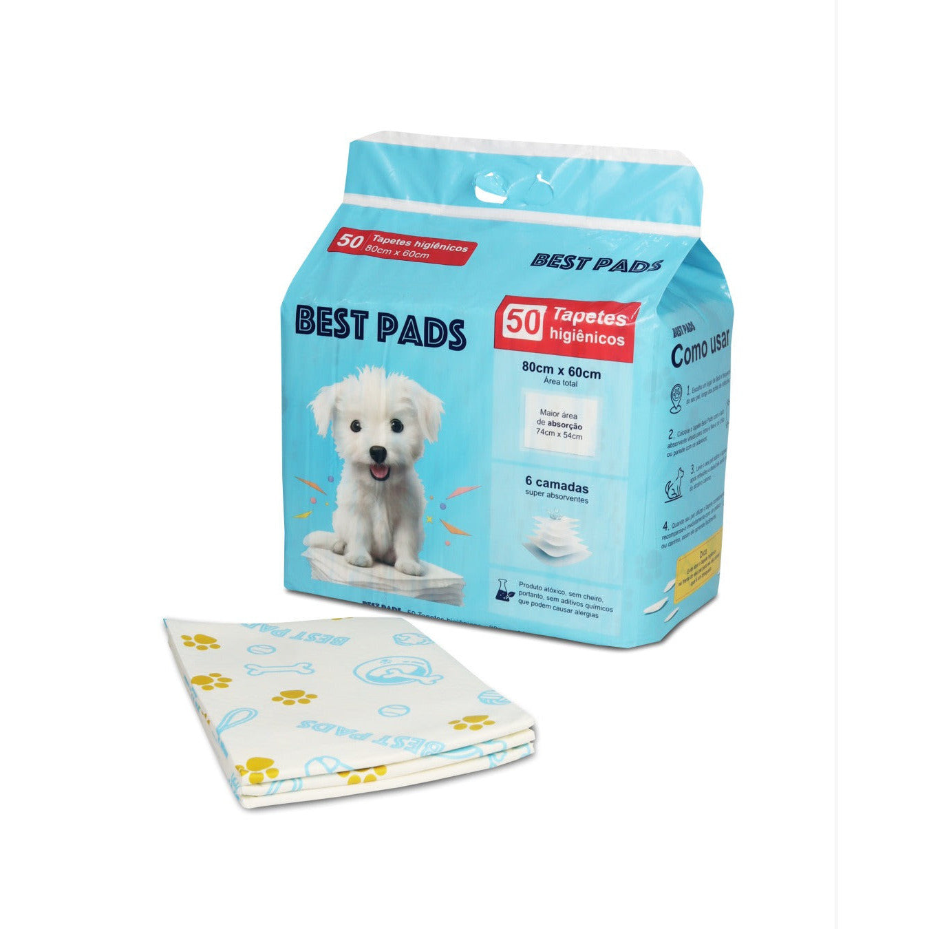 Tapete higiênico Best Pads para cães e gatos, pacote com 50 unidades 80x60 cm, super absorvente, com 6 camadas e proteção para higiene diária.